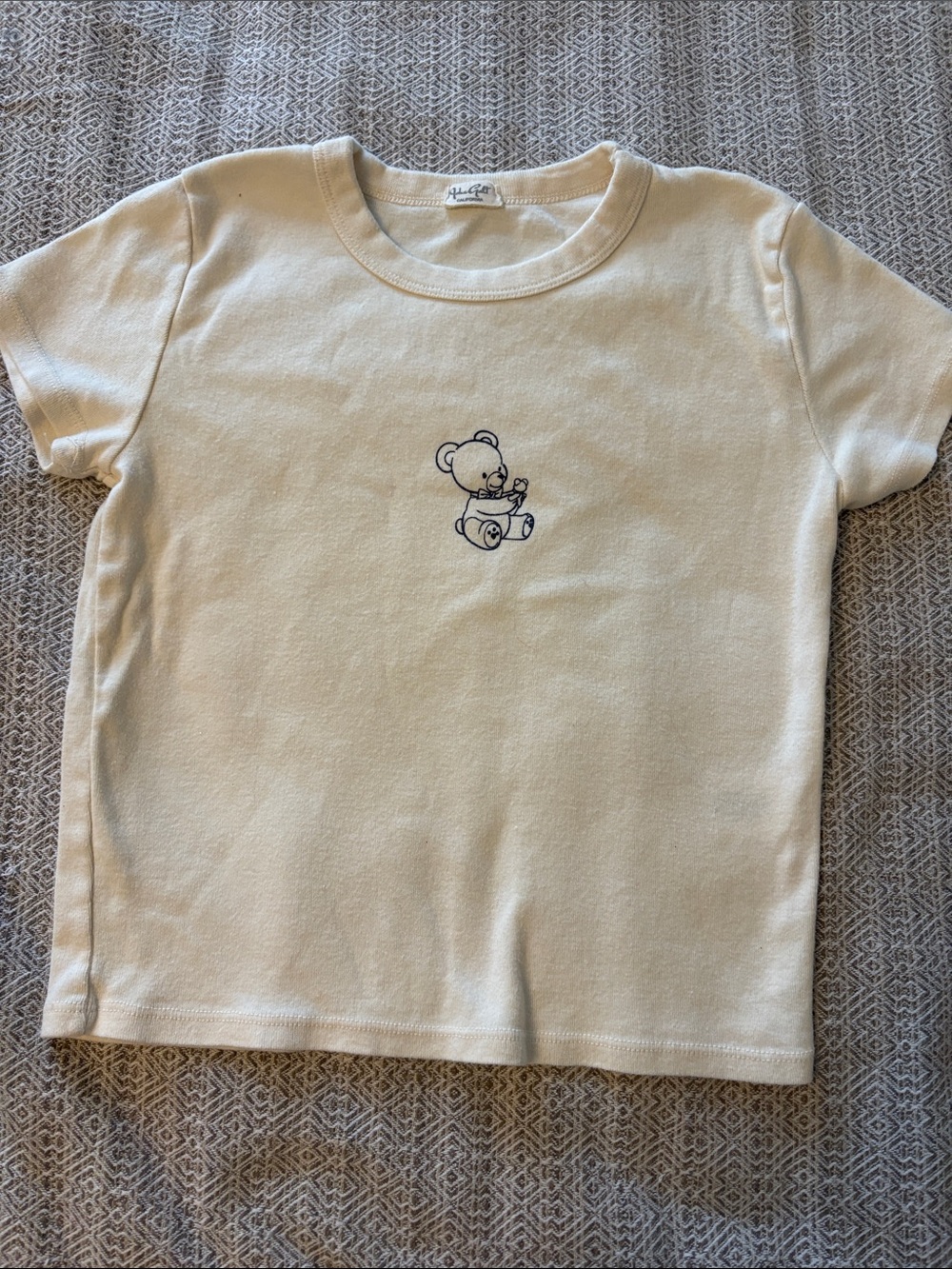 Brandy Melville Cream Short-Sleeve Tee with Small Bear Embroidery
